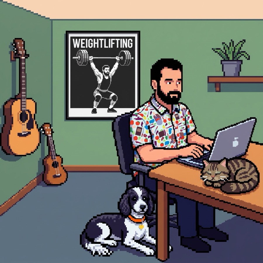 Diogo at a desk in a loud patterned shirt, typing on a laptop, with a cat asleep on the desk, a spaniel under it, two guitars on the wall and a weightlifting poster behind him.